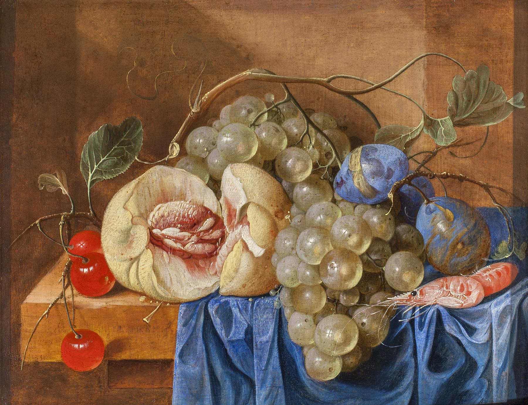 Cornelis de Heem, A Still Life with Peaches, Grapes, Plums, Cherries and Prawns on a Ledge draped with a Blue Cloth - Rafael Valls