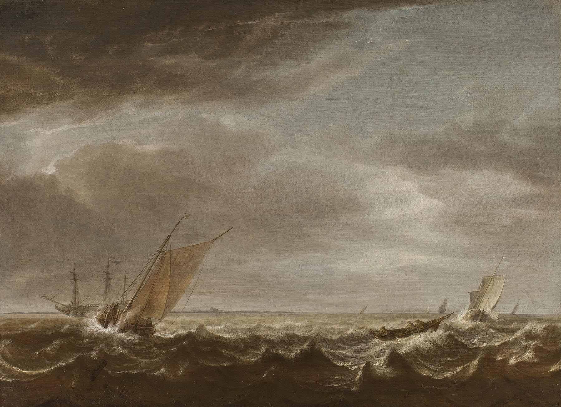 Simon de Vlieger, A Fishing Boat and a Rowing boat with an East Indiaman in the distance in a rough Sea - Rafael Valls