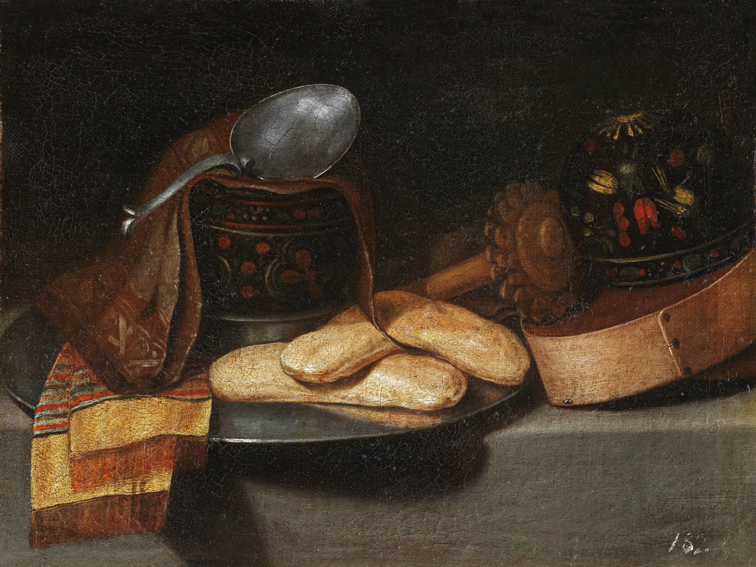 Juan Van der Hamen y Leon, A Chocolate Service with a Wooden Box of Packed Chocolate, two lacquered Gourd Drinking Bowls, a Wooden Milk Whisk, Napkins, a Spoon and Pastries on a Pewter Plate - Rafael Valls