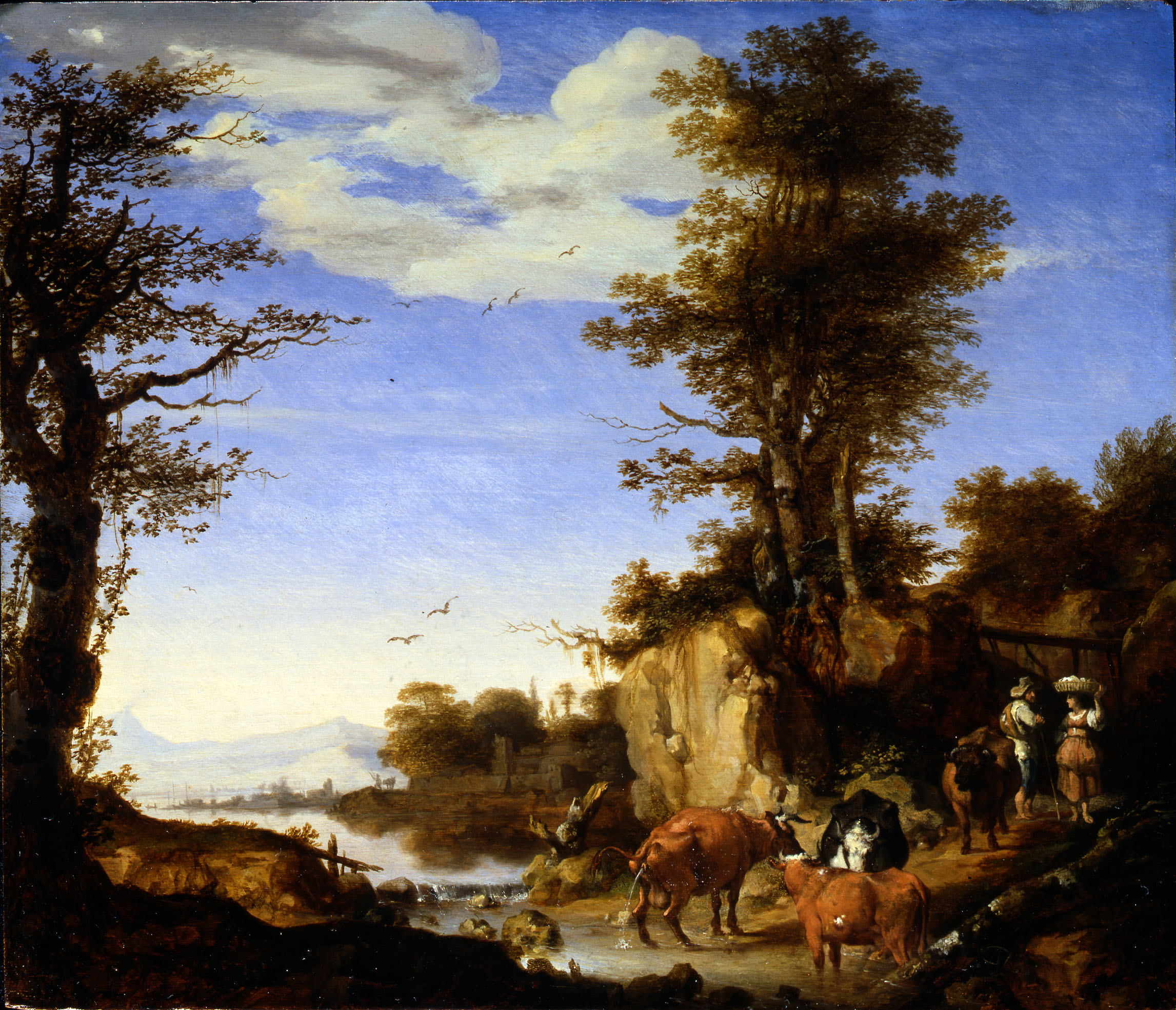 Ary de Vois, A River Landscape with a Shepherd with his Herd on a Path conversing with a Woman - Rafael Valls