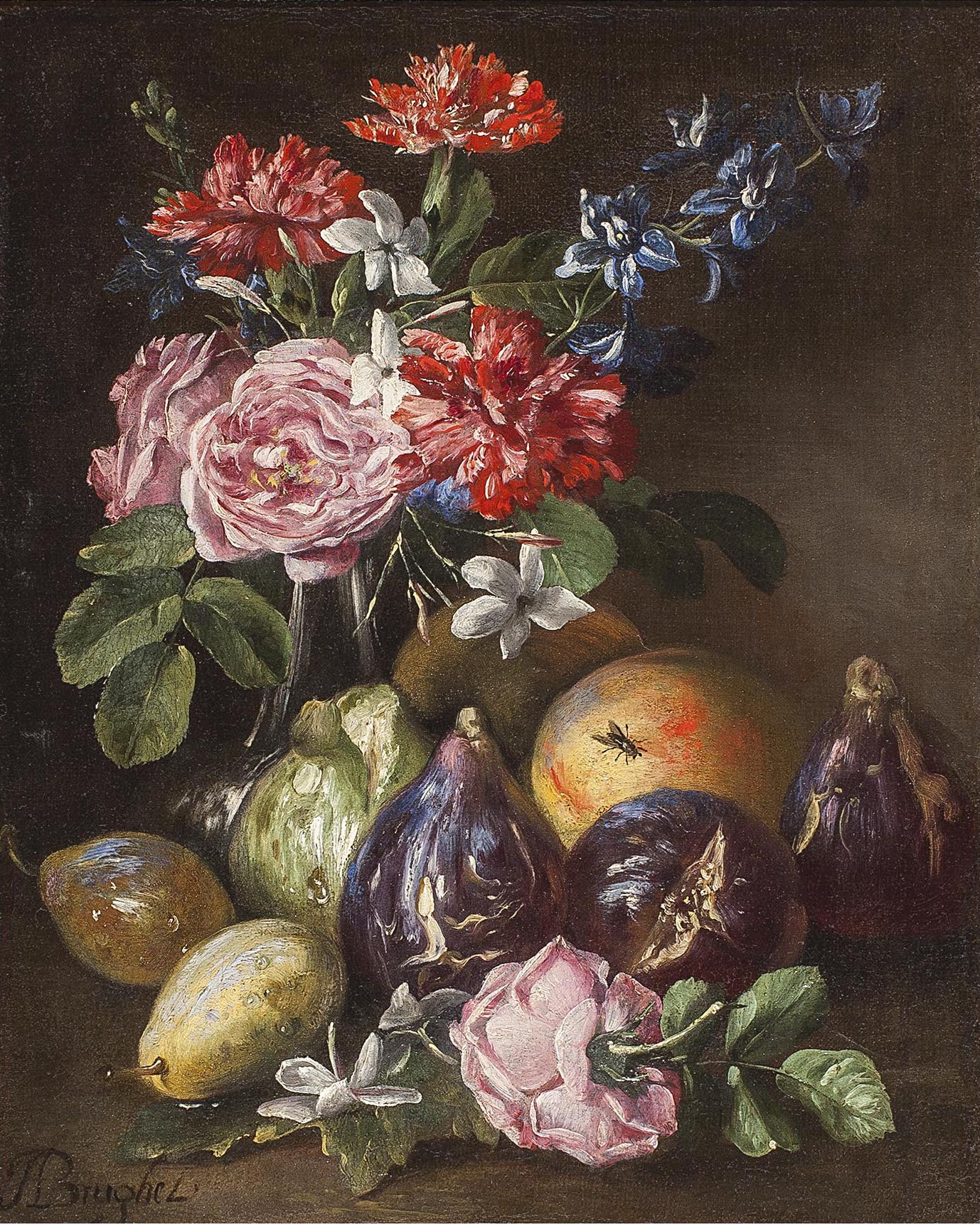 Abraham Brueghel, A Still Life of Roses, Carnations, Jasmine, Figs, Pears and a Peach - Rafael Valls