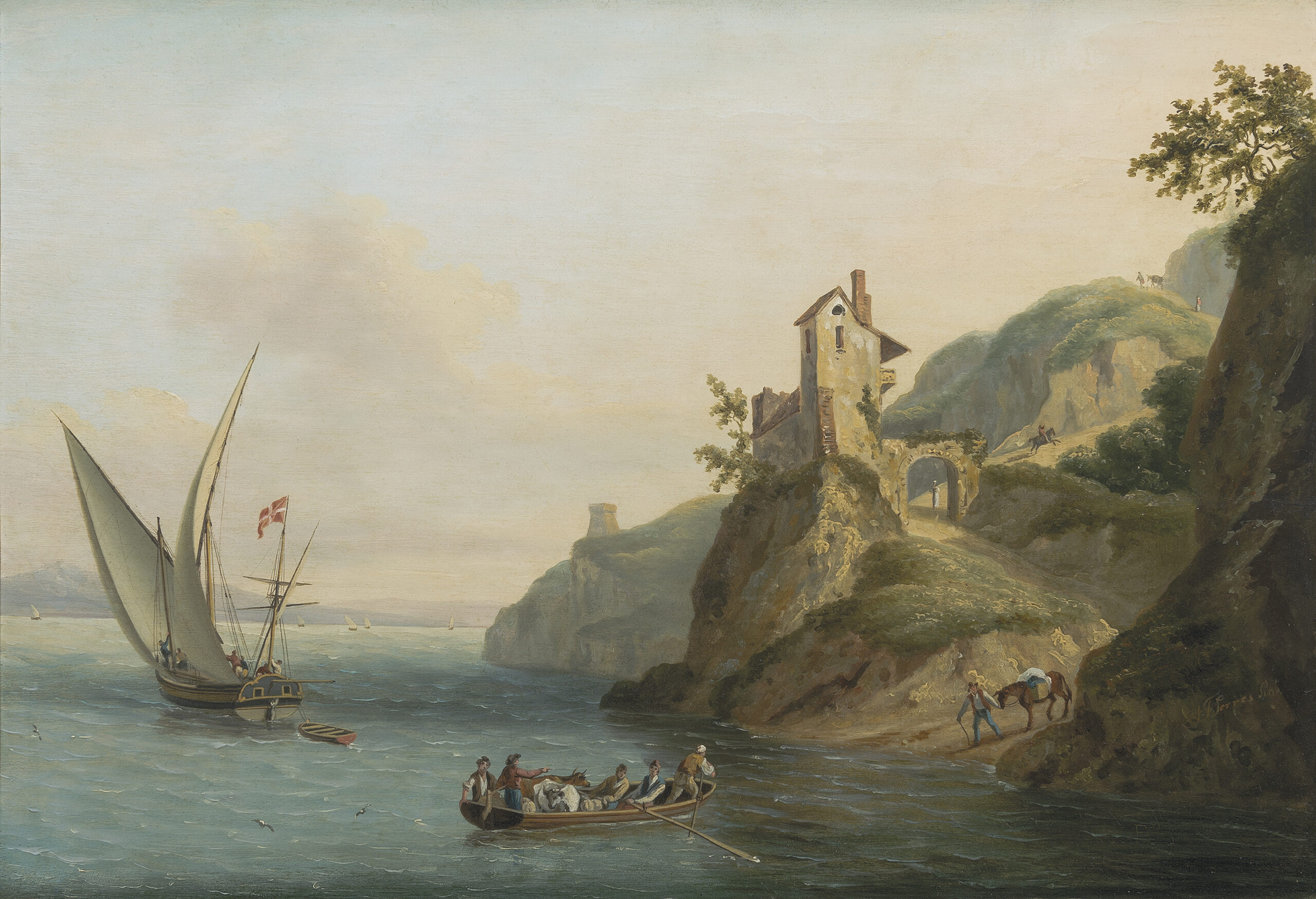 John Thomas Serres, A Mediterranean Scene with a Ferry Boat in the Foreground and a Yacht displaying the Flag of the House of Savoy - Rafael Valls