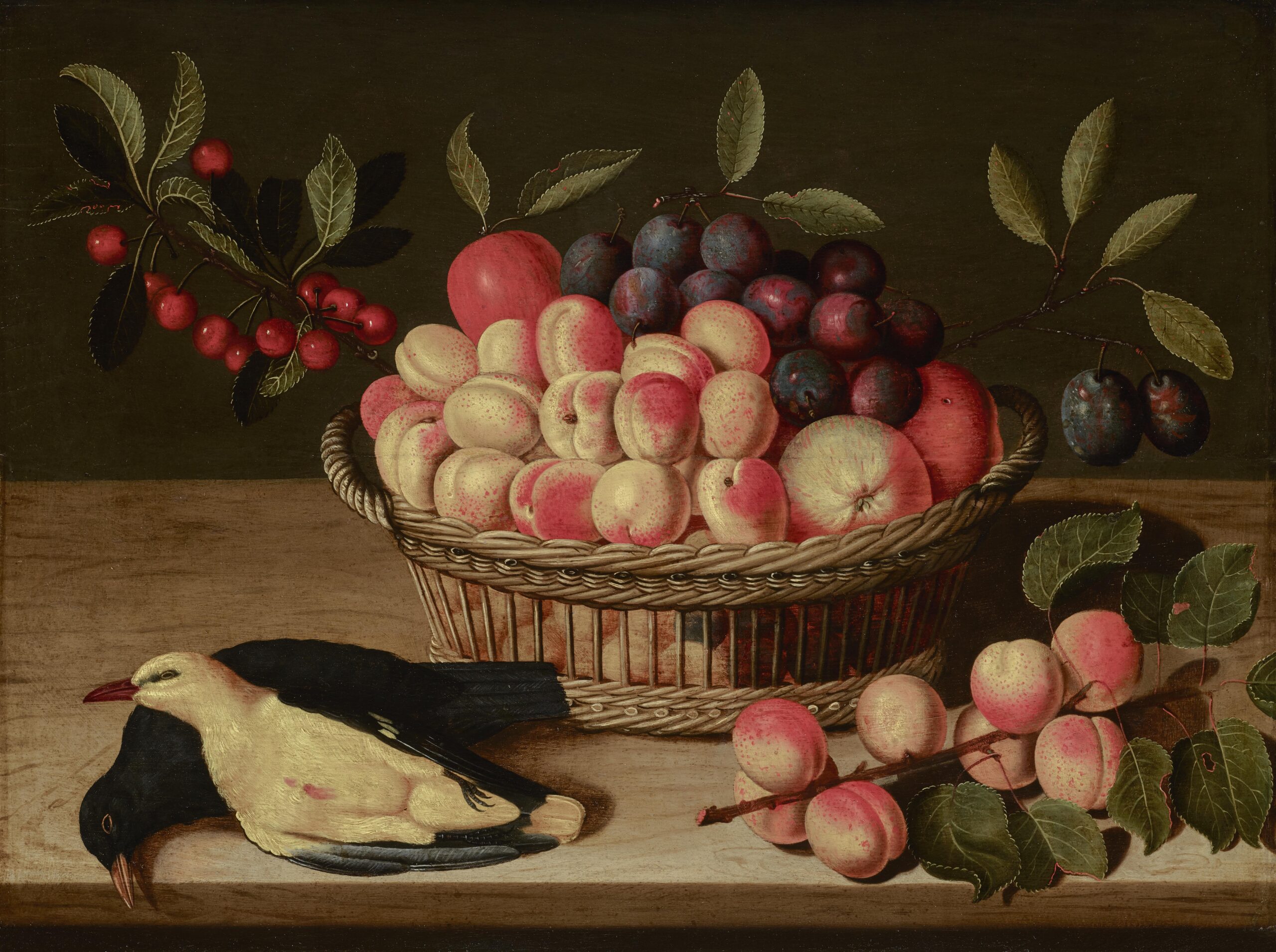 Abraham Gibbens, A Still Life with a Basket of Peaches, Plums and Cherries together with a Blackbird and a Yellow Oriole on a Ledge - Rafael Valls