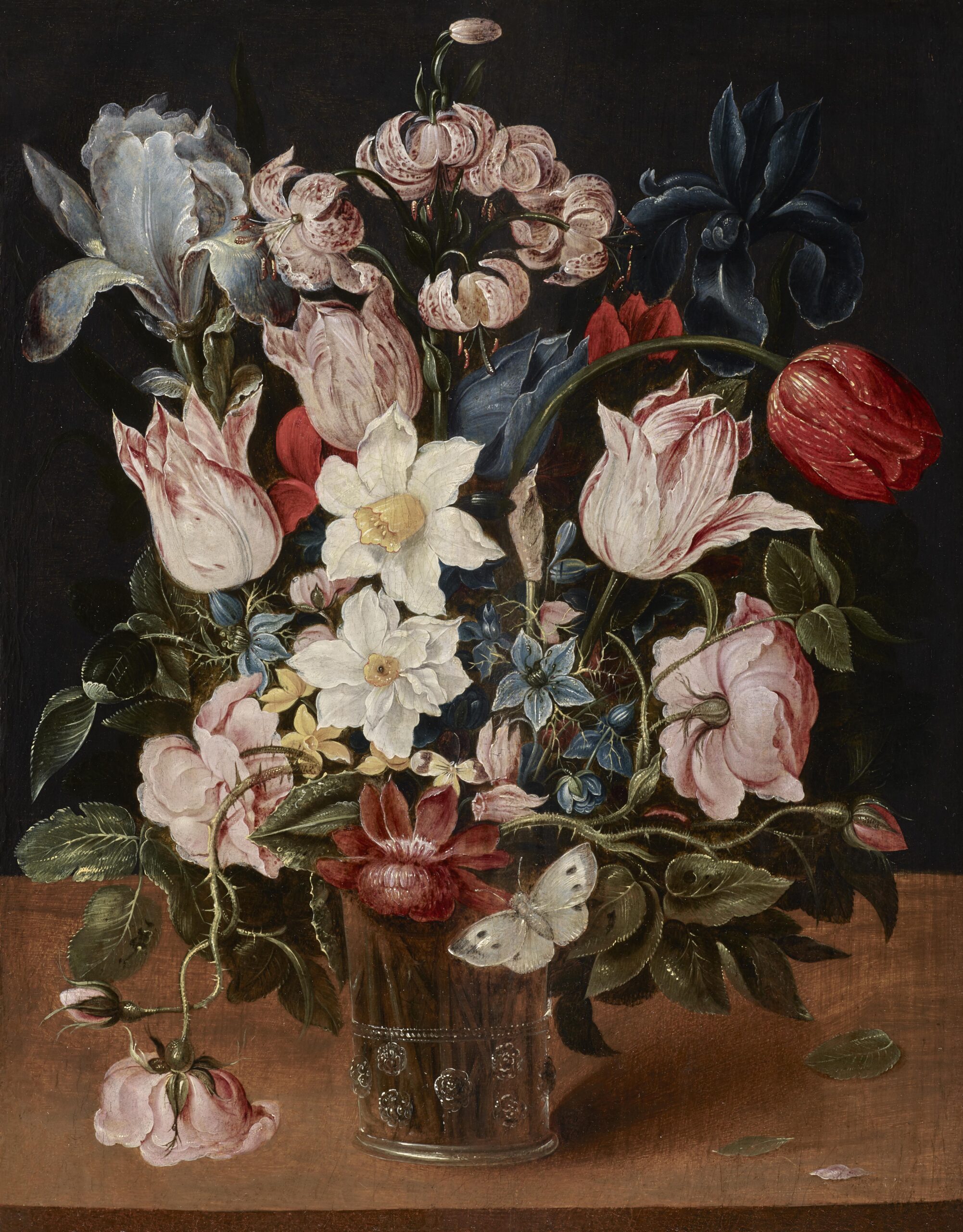 Osias Beert I and Workshop, Tulips, Narcissi, an Iris and other Flowers in a Glass Vase on a Table Top with a Butterfly - Rafael Valls