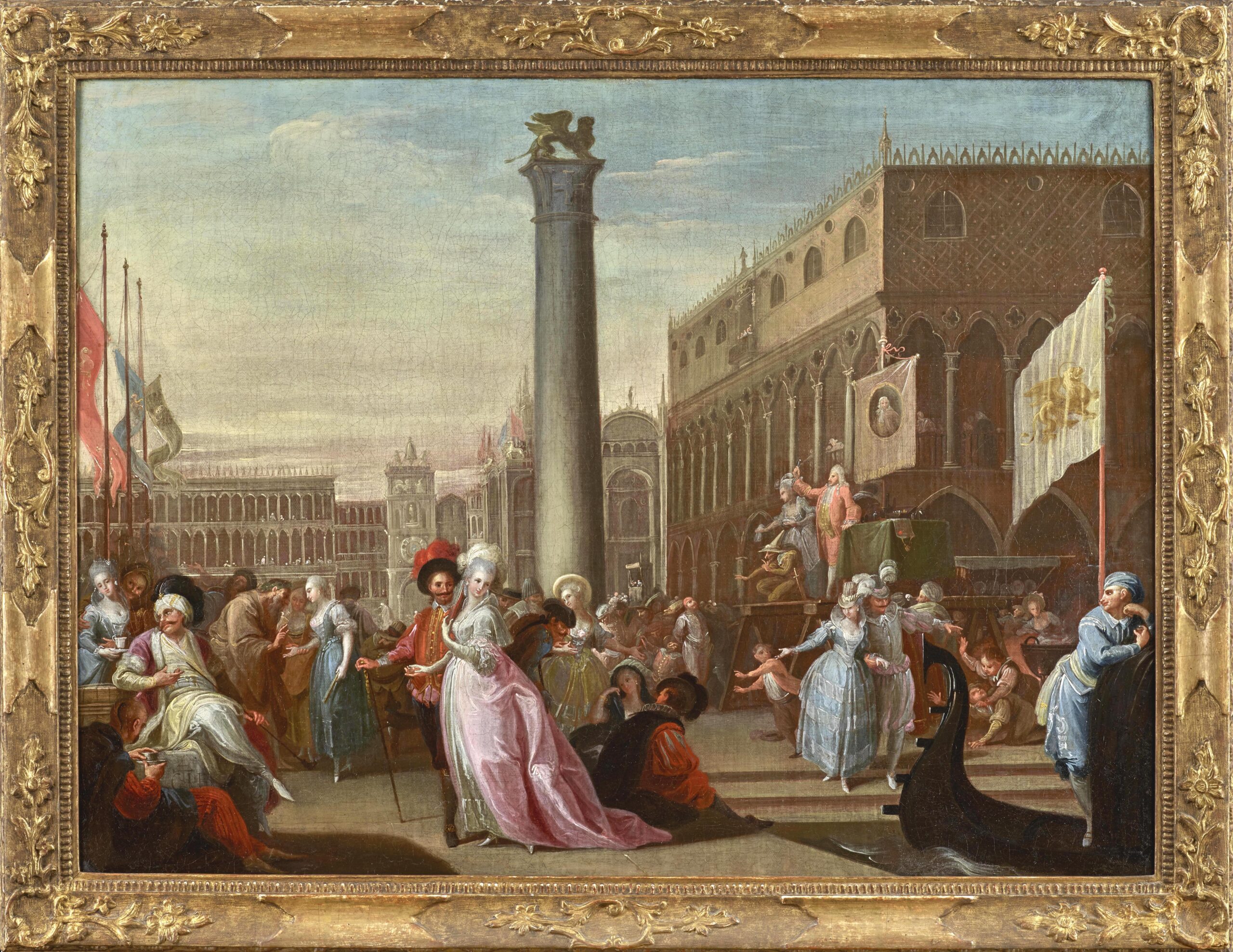 Johann Josef Karl Henrici, The Piazzetta di San Marco, Venice, during Carnival with elegant Turkish, Chinese and Western European Figures mingling with Commedia dell’Arte Performers, while a Ciarlatano (or Quack) touts his Wares outside the Doge's Palace - Rafael Valls