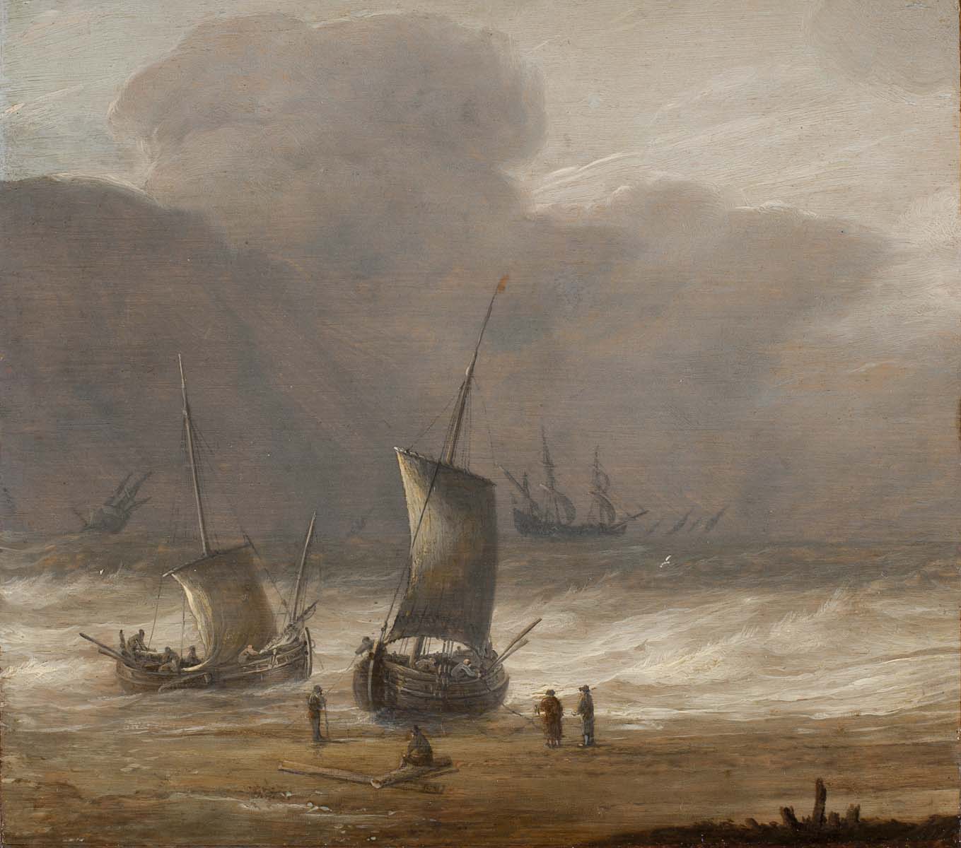 Pieter Mulier, Fishermen on a Shore with Shipping in a Choppy Sea - Rafael Valls