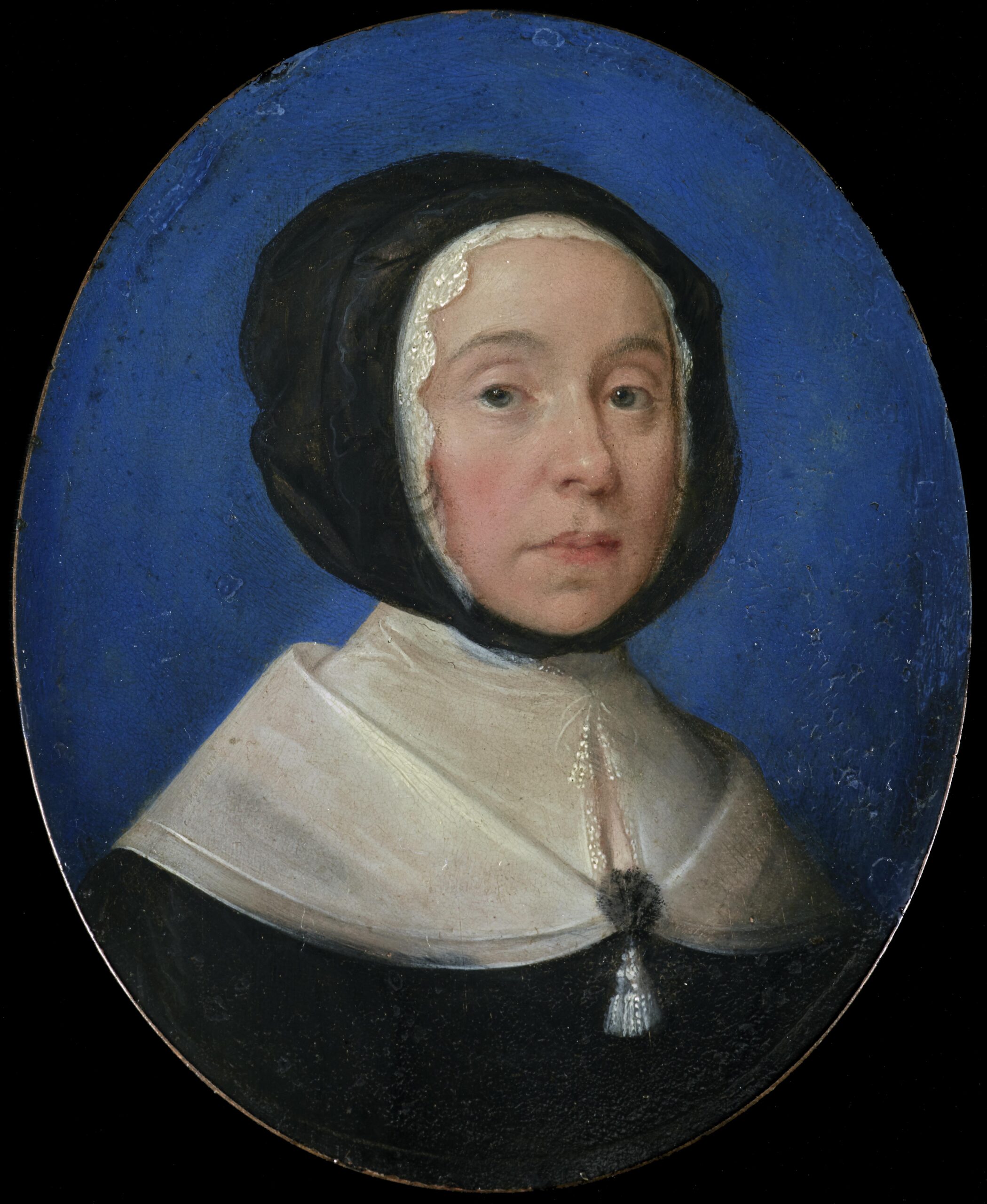 English School, A Pair of Portraits depicting a Lady wearing a black a Bonnet and a Gentleman with a fine Brocade and Lace Cap - Rafael Valls