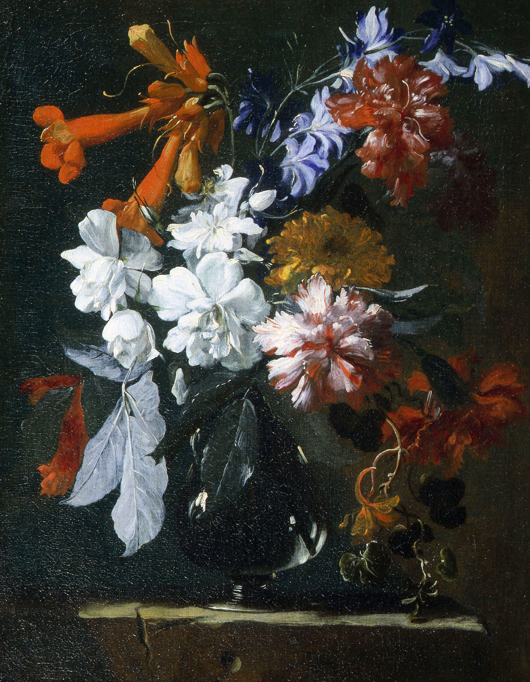 Abraham Brueghel, A Still Life of Carnations, Apple Blossom, Marigold and other Flowers in a Glass Vase on a Stone Ledge - Rafael Valls