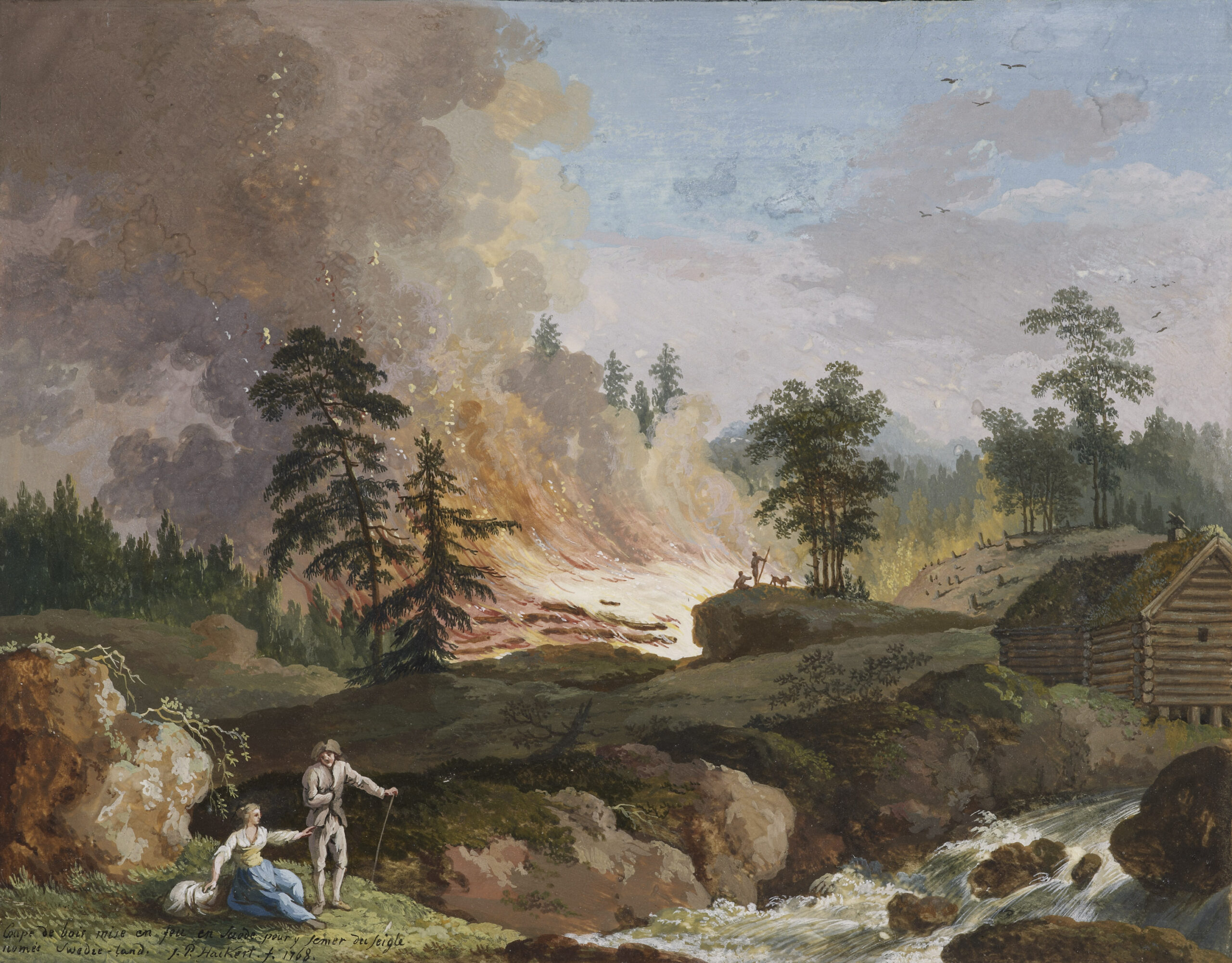 Jakob Philipp Hackert, A Landscape with a Couple by a Waterfall whilst in the Distance Farmers are burning Woodland to be used as Rye Fields - Rafael Valls