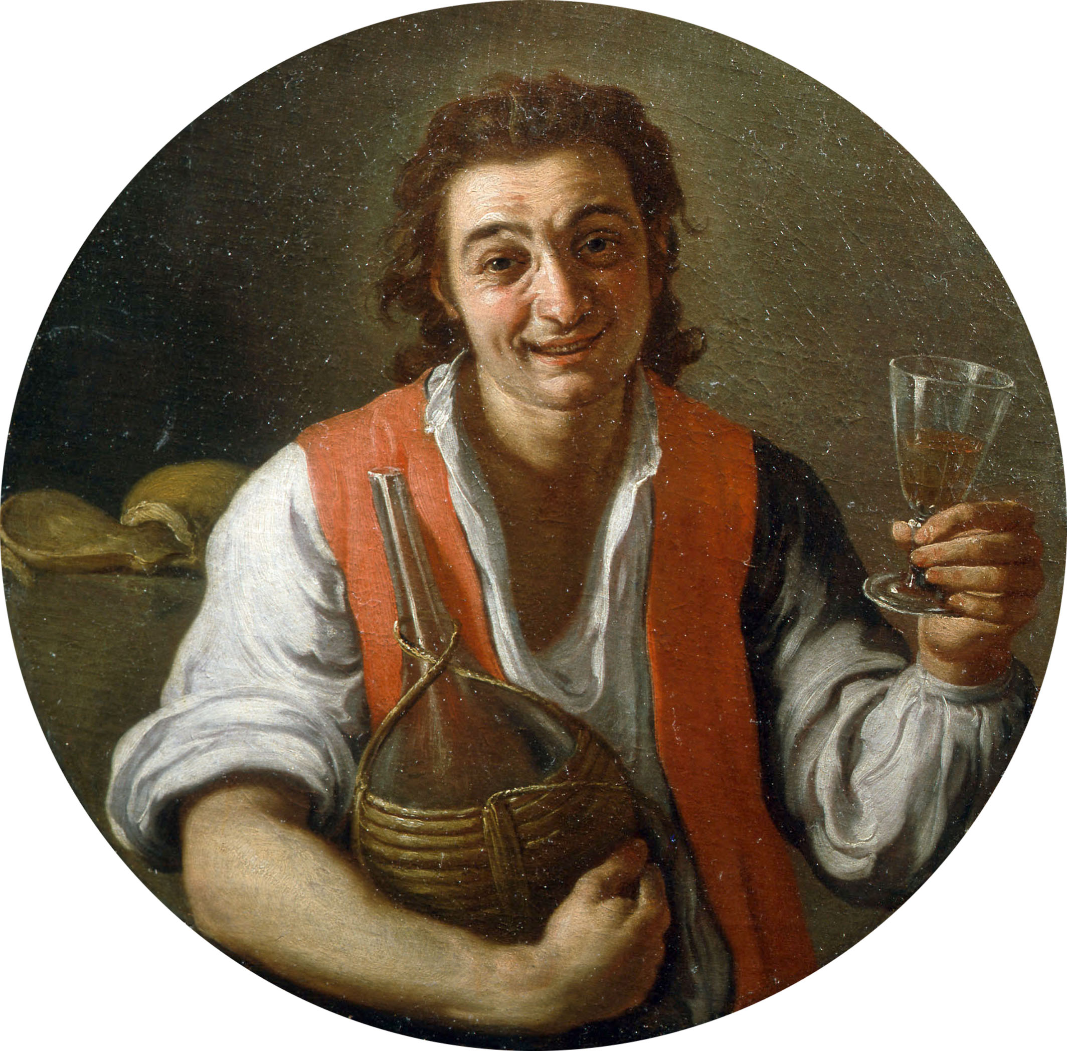 Giuseppe Bonito, A Portrait of a Young Man smiling and holding a Wine Bottle in one Hand and a Glass in the other - Rafael Valls
