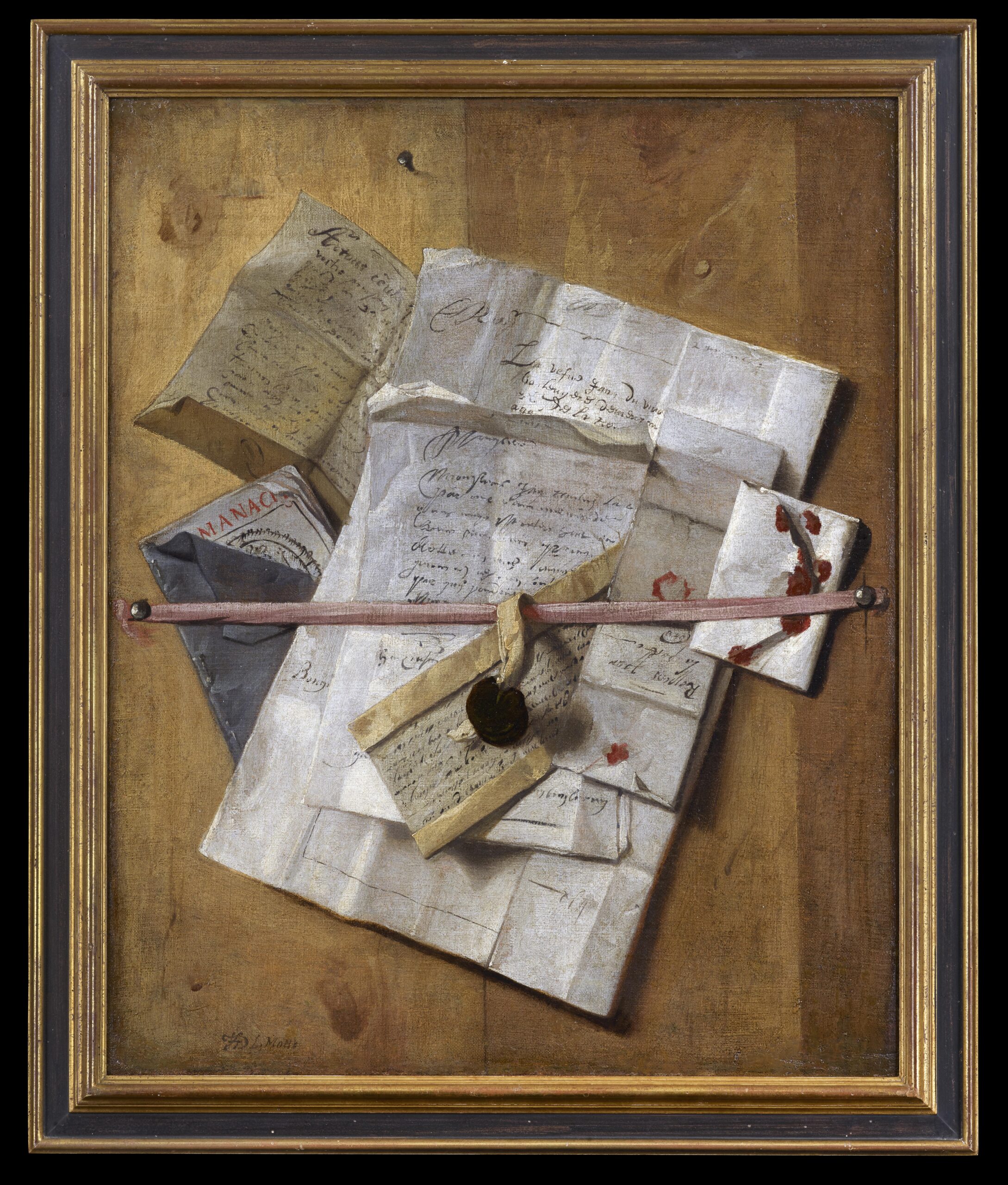 A Trompe l'Oeil of Letters, an Almanack and Wax Seals, pinned with