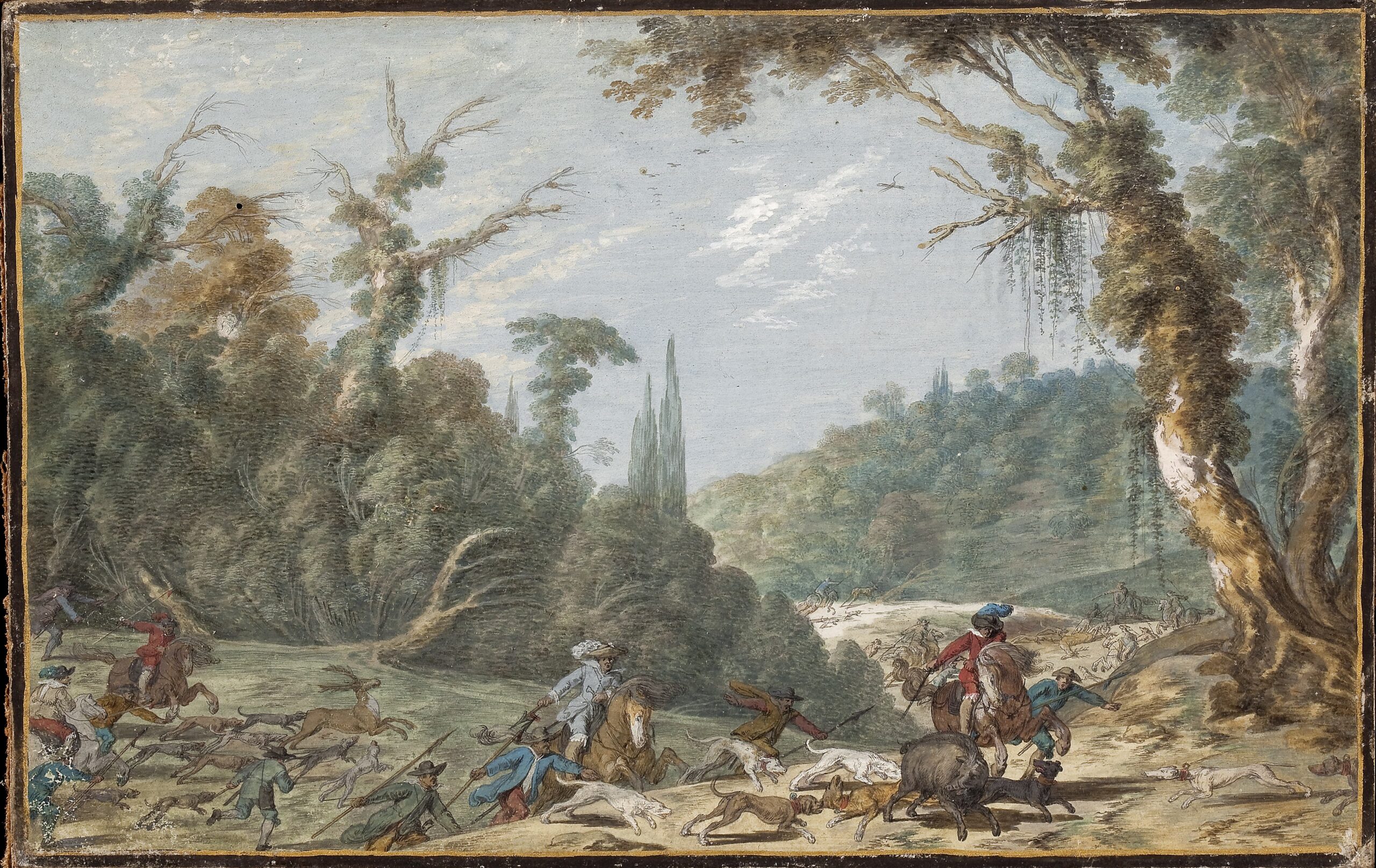 Hunt Scene A Hunting Scene with elegant Figures on Horseback lancing Deer and Wild ...