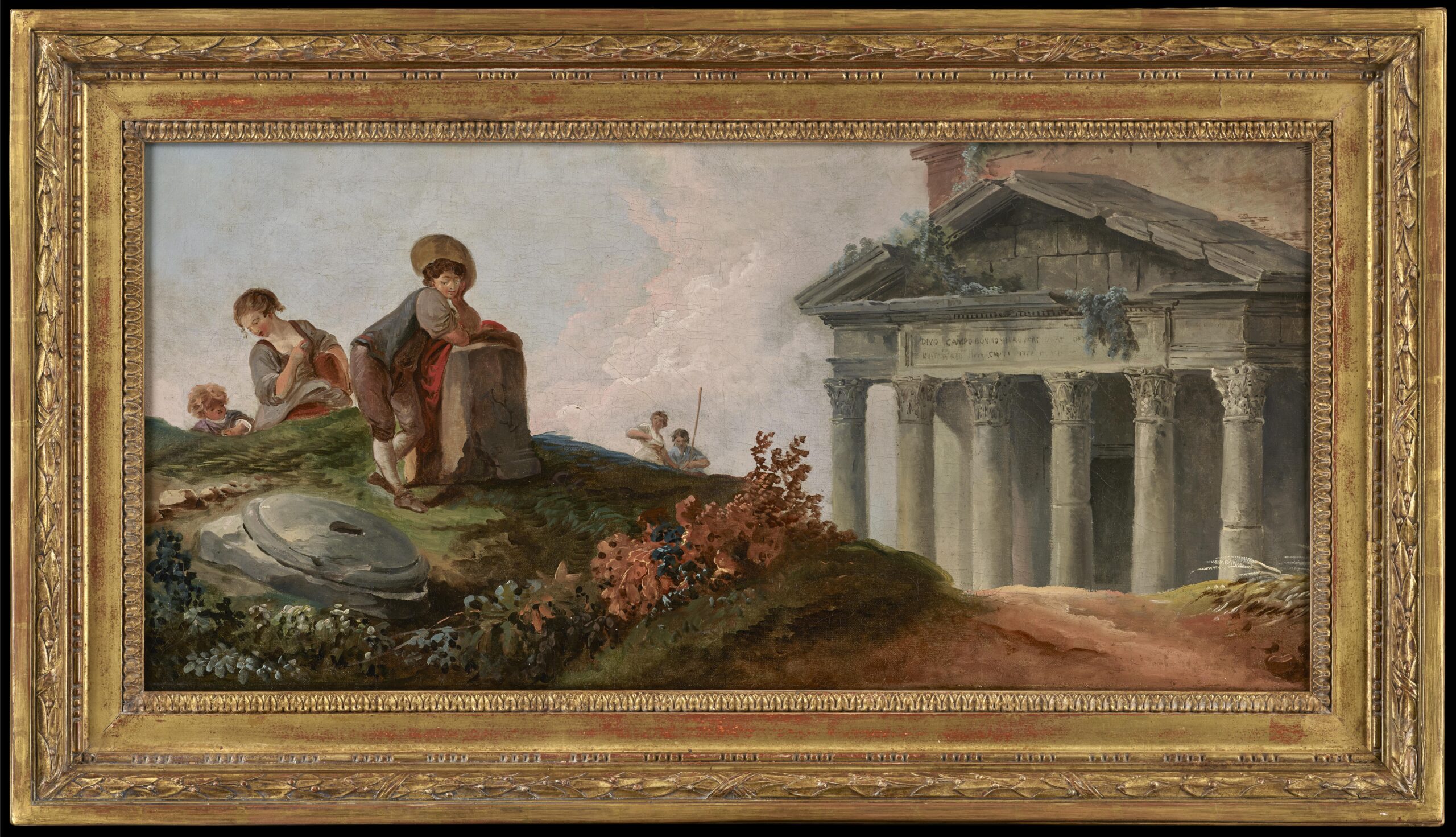 Hubert Robert, Figures standing by archeological Ruins; a Temple beyond - Rafael Valls