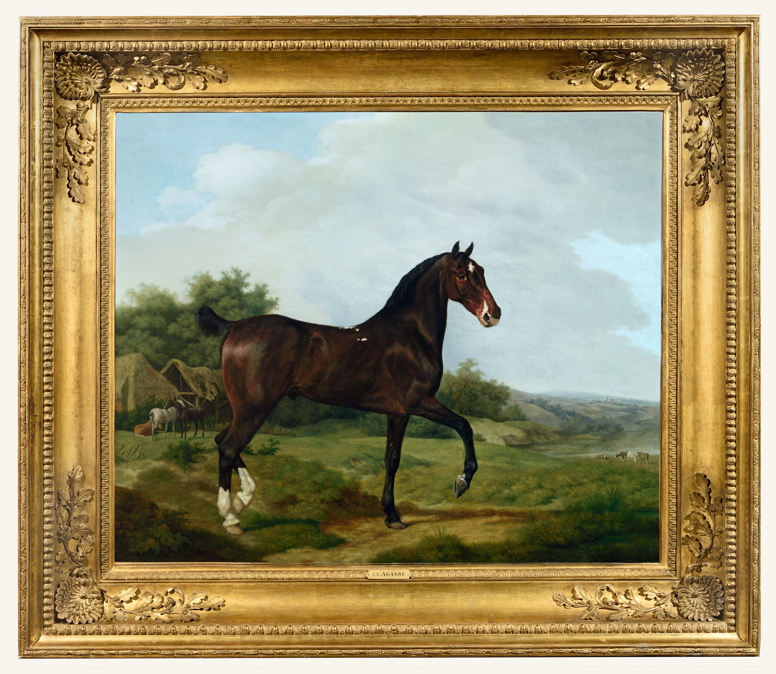 Jacques-Laurent Agasse, A dark Bay Hunter in an extensive Landscape with Horses and Cattle beyond - Rafael Valls