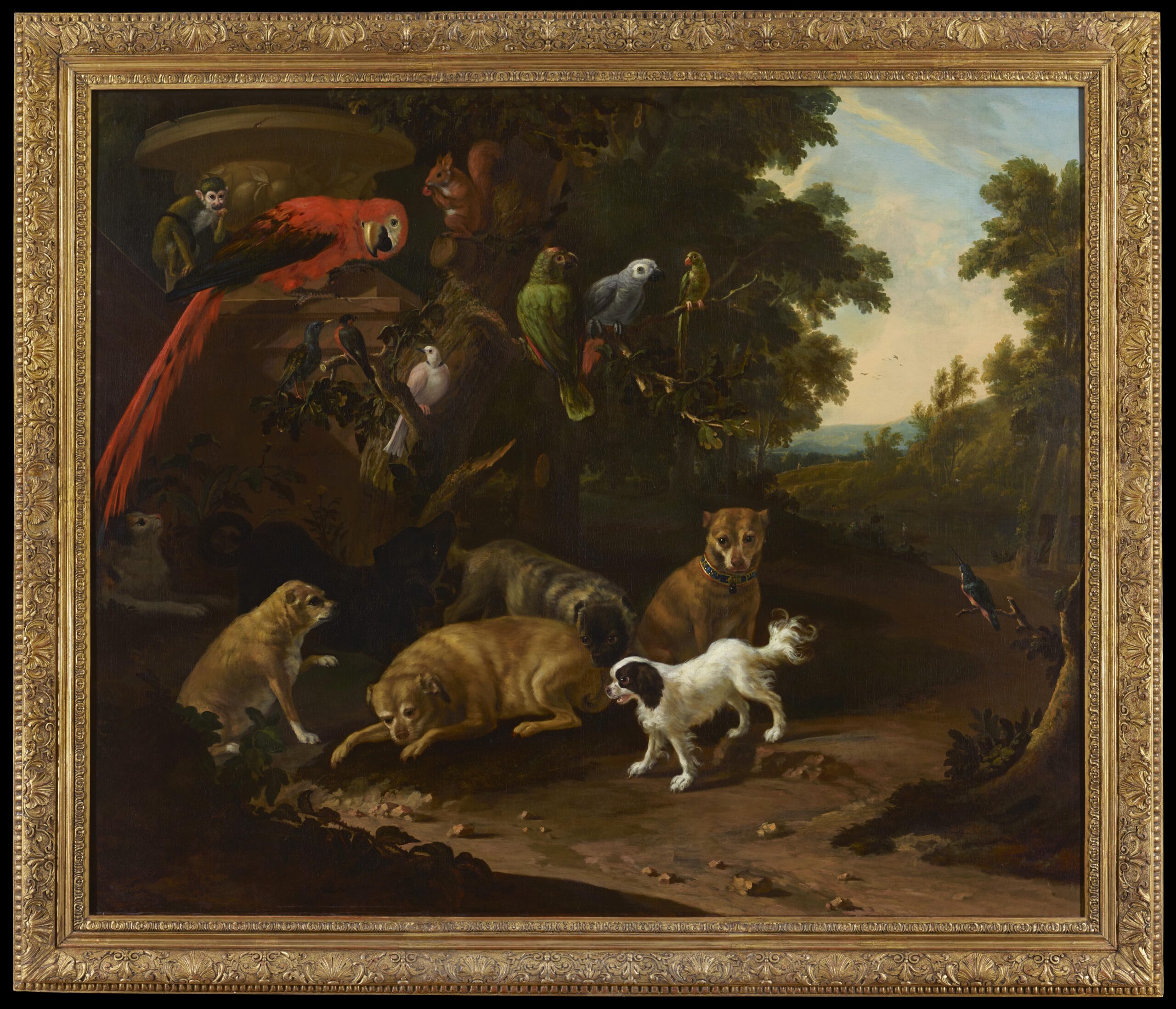 Jan van der Vaart, Numerous Dogs together with Parrots, a Monkey and a Squirrel by a Stone Urn in a Landscape - Rafael Valls