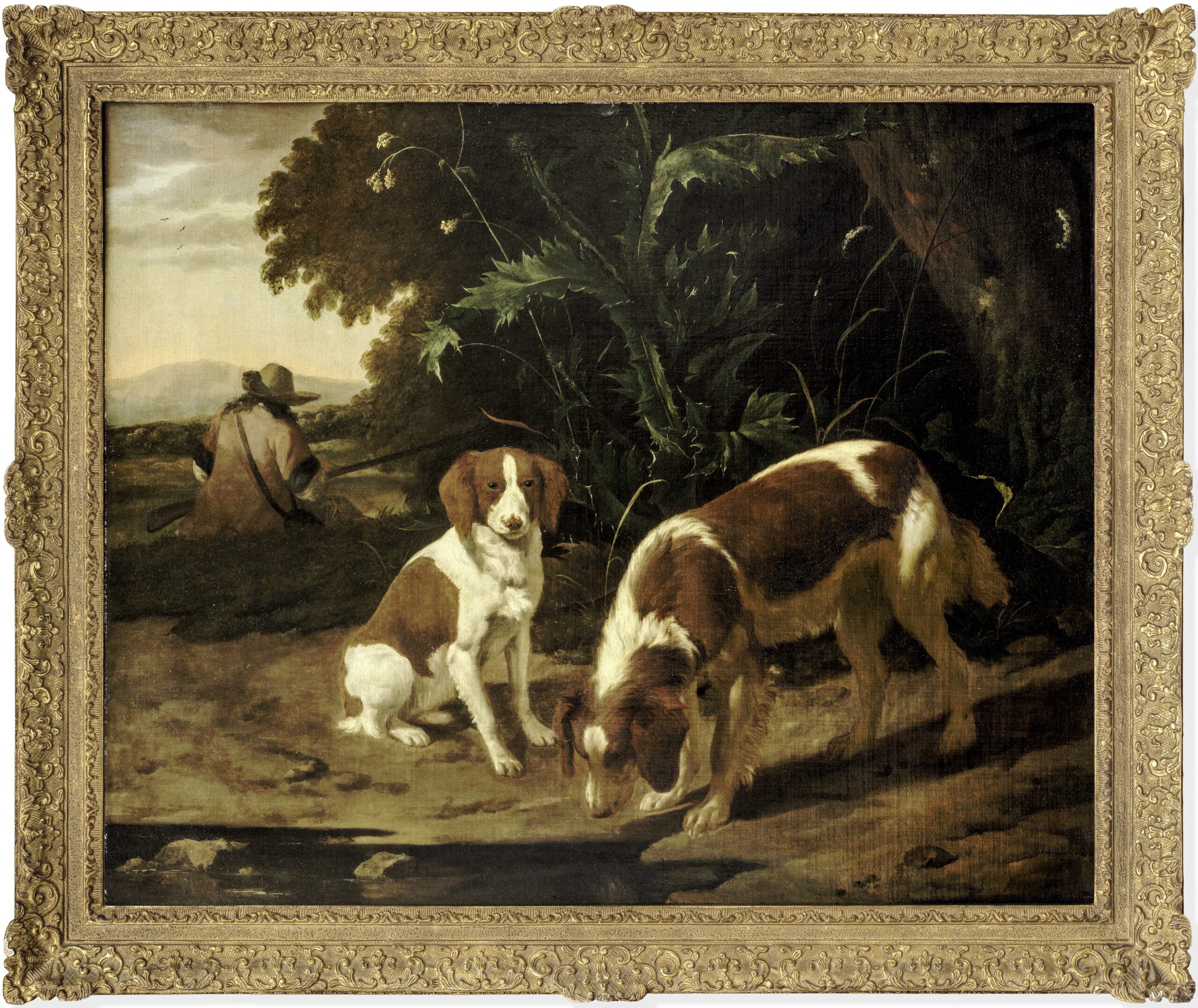 Abraham Cornelisz Begeyn, Two Spaniels and a Huntsman before a Landscape - Rafael Valls
