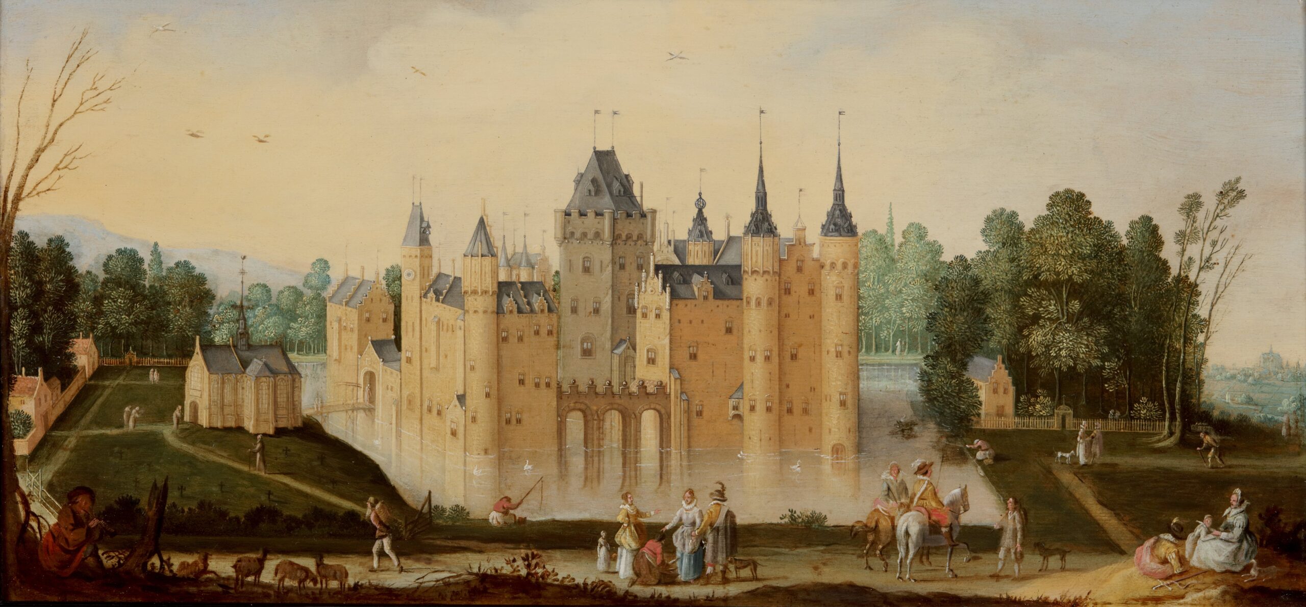 Claes Jacobsz. van der Heck, Views of Egmond Castle and Egmond Abbey, with elegant Figures in the Foreground and Peasants with their Sheep, a pair - Rafael Valls