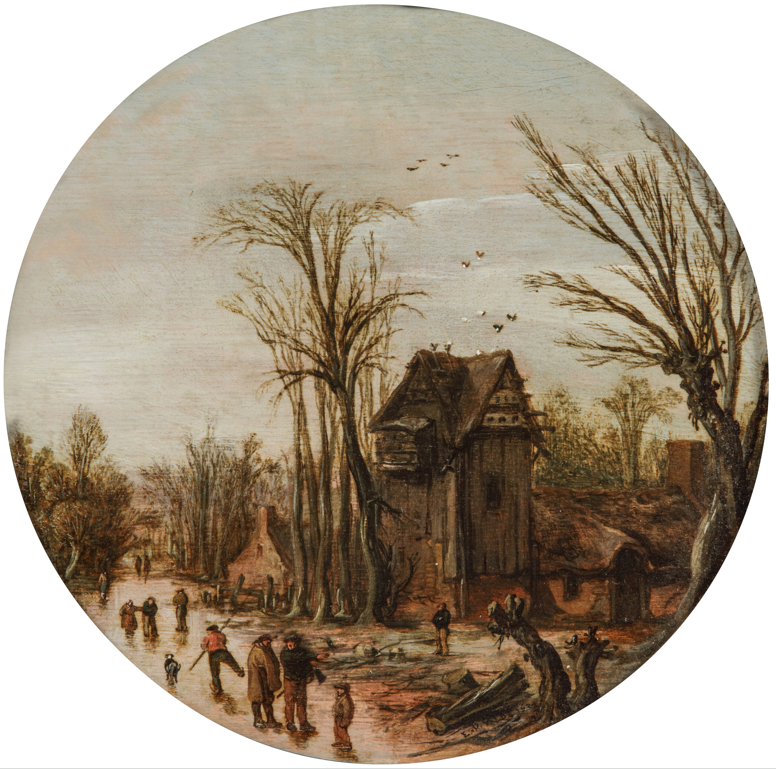 Esaias van de Velde, A Village Landscape with Skaters on a Frozen Canal by a Dovecote - Rafael Valls