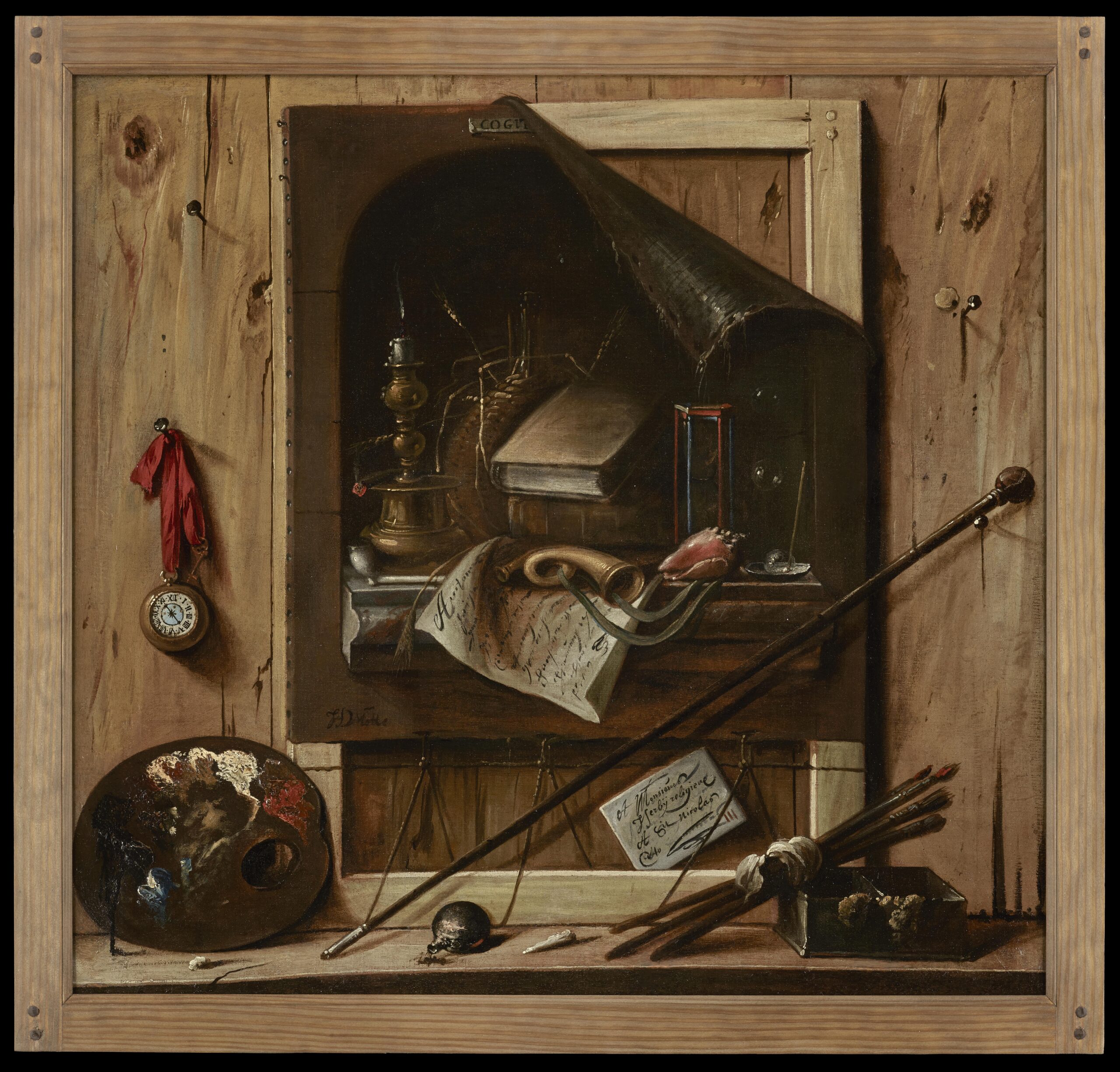 Jean Francois de la Motte, A Trompe l'Oeil Still Life with Painter's Tools and Props including a Palette, Mahlstick, Paint Brushes, Watch, Horn, Candlestick, an Hour Glass and other Objects - Rafael Valls