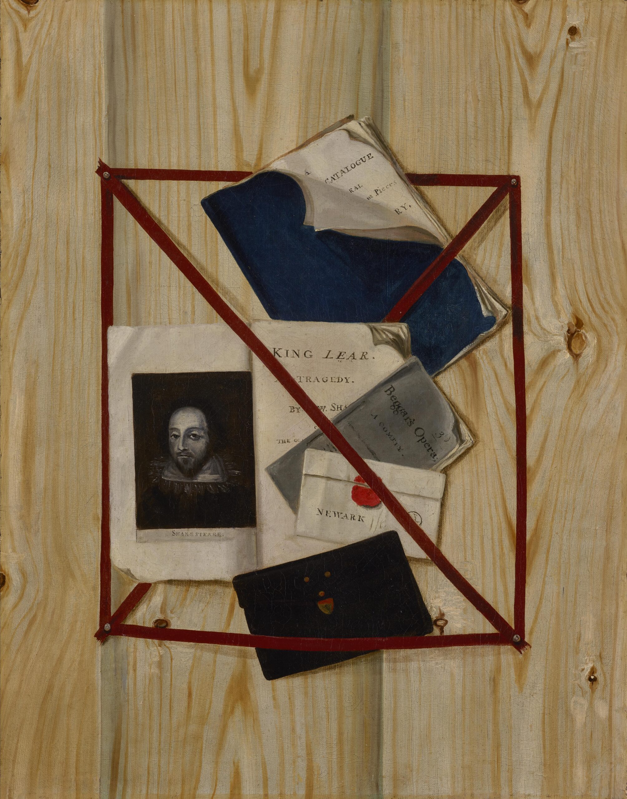 English School 18th century, A Trompe L'Oeil with an Exhibition Catalogue, a Copy of Shakespeare's Tragedy King Lear (1605), a Copy of John Gay's Comedy Beggar's Opera (1728) together with a Leather Purse - Rafael Valls
